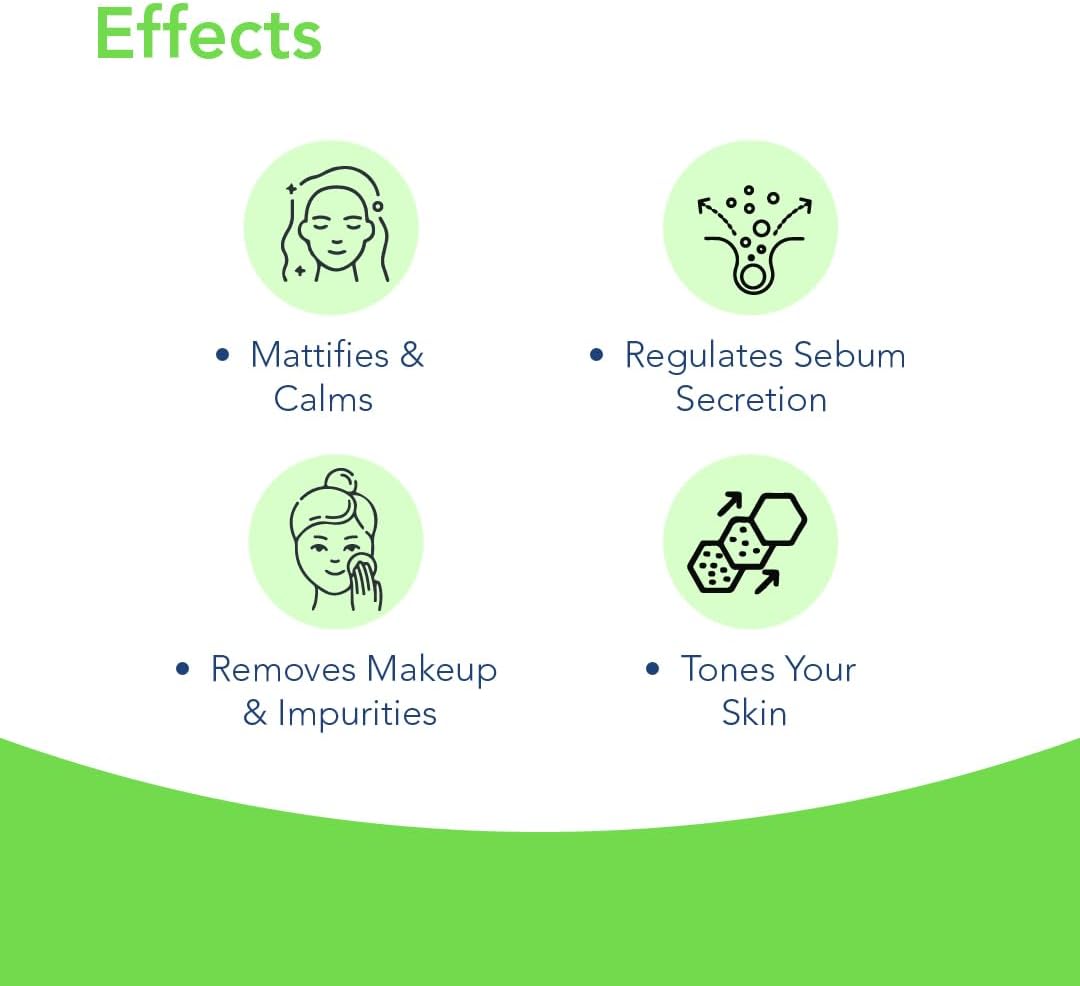 List of skincare effects with icons and text on a green and white background