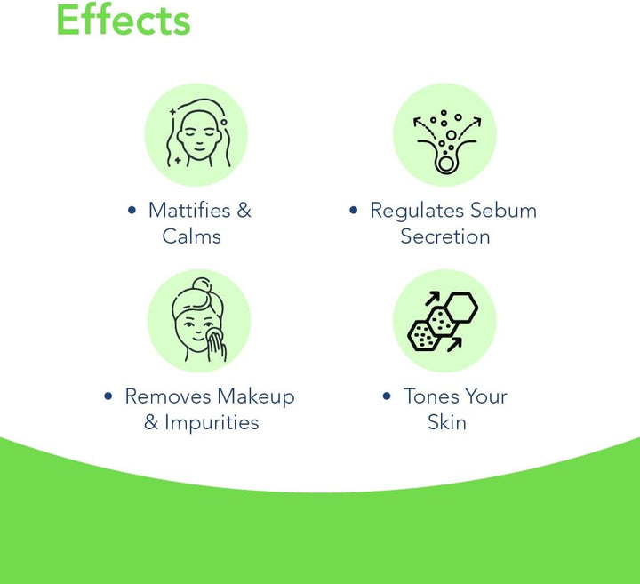 List of skincare effects with icons and text on a green and white background
