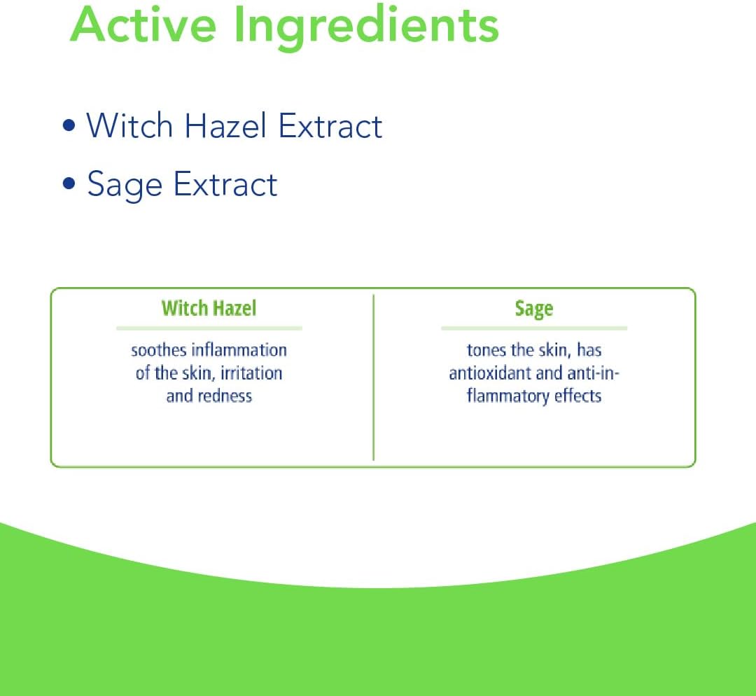 List of active ingredients with Witch Hazel Extract and Sage Extract on a green and white background.