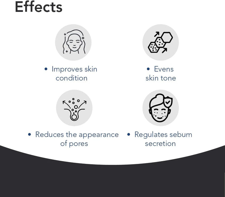 List of skincare product effects with icons and text on a white background