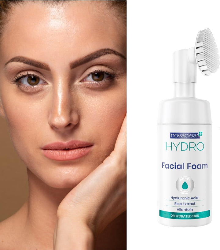 Novaclear Hydro Facial Foam – Hydrating Face Wash with Hyaluronic Acid, Rice Extract &amp; Allantoin – Silicone Brush for Deep Cleansing, Exfoliation &amp; Microcirculation – For Dry &amp; Dehydrated Skin 100 ML