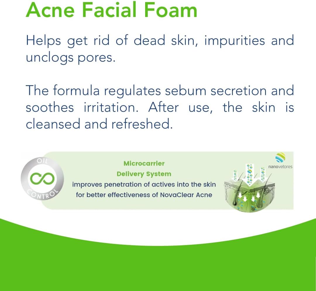 Novaclear Acne Facial Foam Cleanser wash for Acne prone skin, Oily skin and Mixed skin, remove black heads and prevent blemish 100 ML