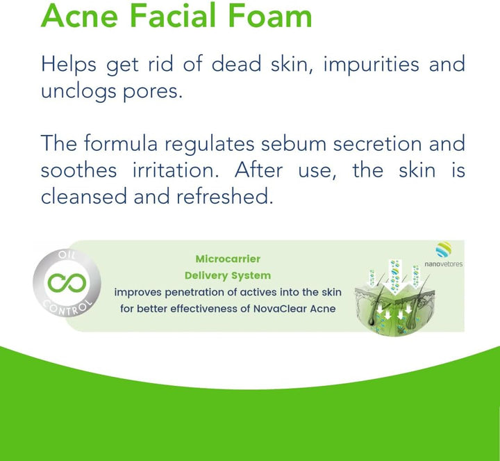 Novaclear Acne Facial Foam Cleanser wash for Acne prone skin, Oily skin and Mixed skin, remove black heads and prevent blemish 100 ML