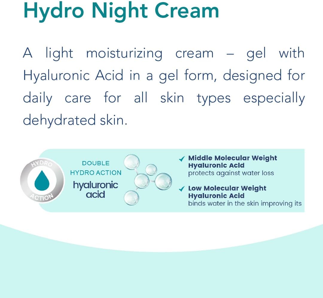 Novaclear Hydro Night Cream – Lightweight Gel Moisturizer with Hyaluronic Acid, Vitamin E &amp; Antioxidants – Deep Hydration &amp; Skin Renewal Cream 50 ML