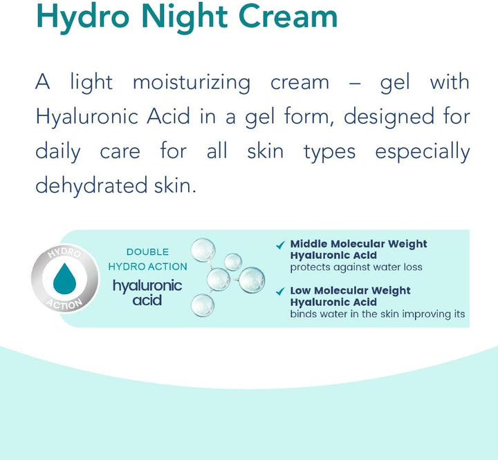 Novaclear Hydro Night Cream – Lightweight Gel Moisturizer with Hyaluronic Acid, Vitamin E &amp; Antioxidants – Deep Hydration &amp; Skin Renewal Cream 50 ML