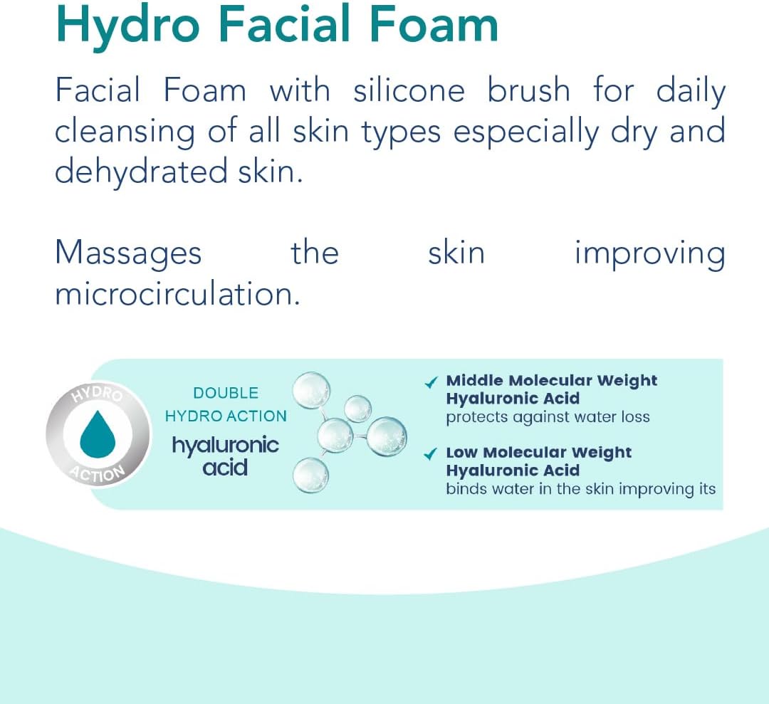 Novaclear Hydro Facial Foam – Hydrating Face Wash with Hyaluronic Acid, Rice Extract &amp; Allantoin – Silicone Brush for Deep Cleansing, Exfoliation &amp; Microcirculation – For Dry &amp; Dehydrated Skin 100 ML