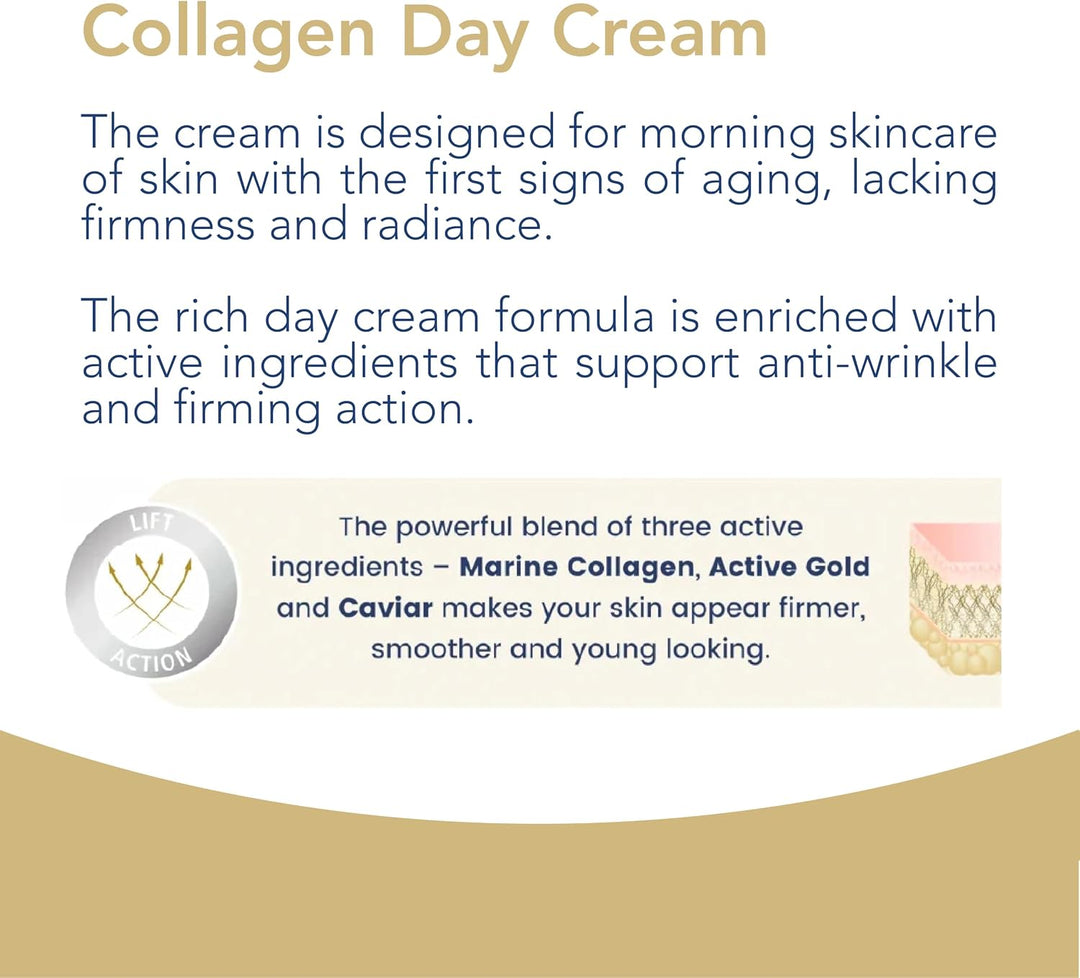 Novaclear Collagen Day Cream – Anti-Aging Moisturizer with Marine Collagen, Gold, Caviar Extract, Macadamia Oil, Vitamin A &amp; E – Firms, Smooths &amp; Nourishes Skin – For All Skin Types – 50 ML