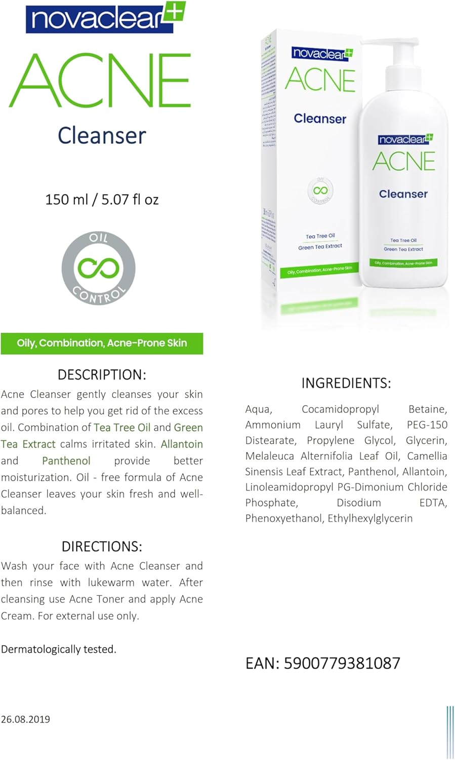 Novaclear Acne Cleanser Wash with Tea Tree Oil, Green Tea Extract Calms Irritated Skin, Oil-Free Formula for Oily Skin, Blackhead Remover and Clogged Pore Control, Non Comedogenic 150 ml