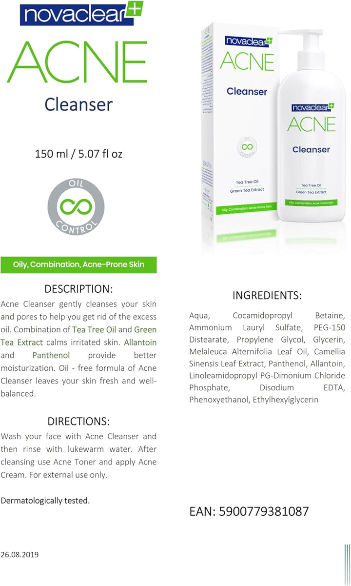 Novaclear Acne Cleanser Wash with Tea Tree Oil, Green Tea Extract Calms Irritated Skin, Oil-Free Formula for Oily Skin, Blackhead Remover and Clogged Pore Control, Non Comedogenic 150 ml