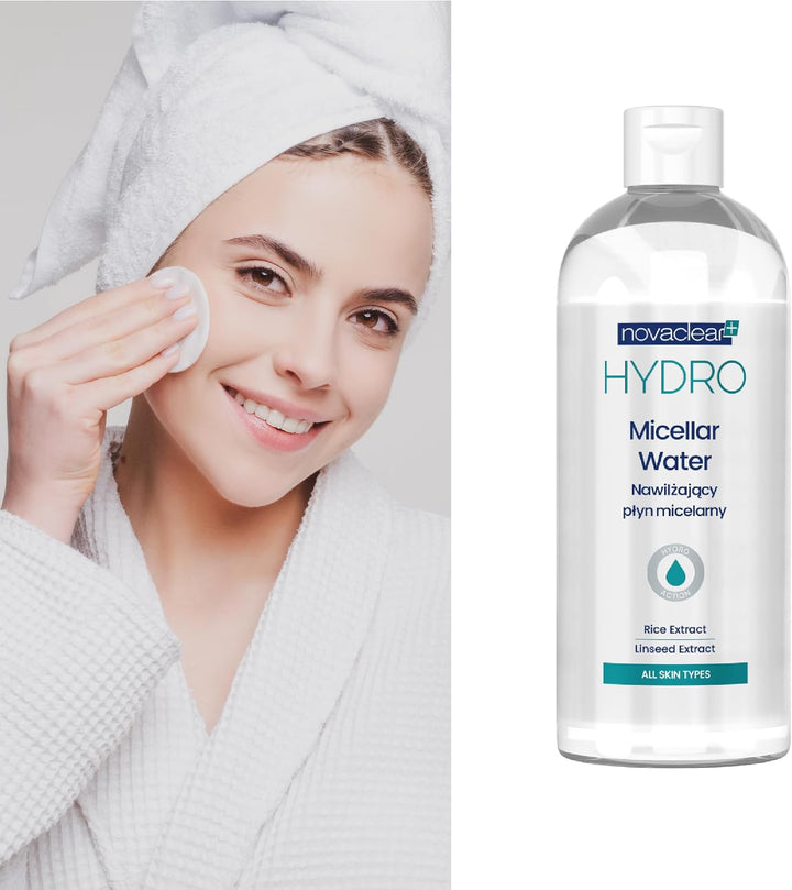 Novaclear Hydro Micellar Water for Make-up Removal and Skin Moisturizing, with Rice Extract and Flax Seed Extract and Hyaluronic Acid for Long Lasting Moisturizing - 400ml