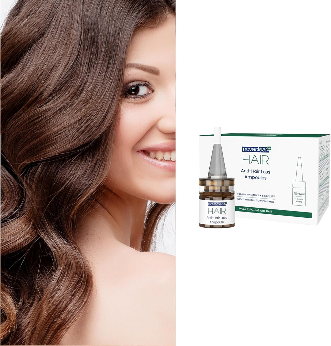 Novaclear Anti-Hair Loss Ampoules 15 x 5 ML – Intensive Hairfall Treatment with Baicapil™, Rosemary, Saw Palmetto, Burdock &amp; Nettle Extracts – Reduces Hair Loss &amp; Boosts Density – Non-Sticky Formula