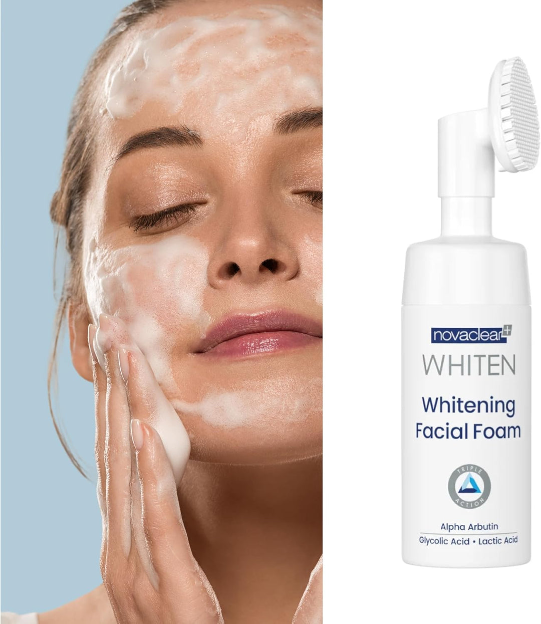 Novaclear Whitening Facial Foam – Silicon Brush Face Wash with Alpha Arbutin, Glycolic Acid &amp; Lactic Acid – Deep Cleansing, Exfoliating &amp; Brightening Foam for Dark Spots &amp; Uneven Skin Tone 100 ML