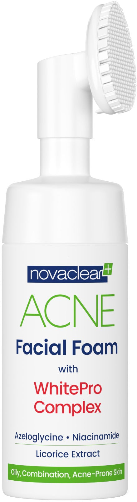Novaclear ACNE Facial Foam packaging with WhitePro Complex, 100ml volume indicated, with an applicator brush.