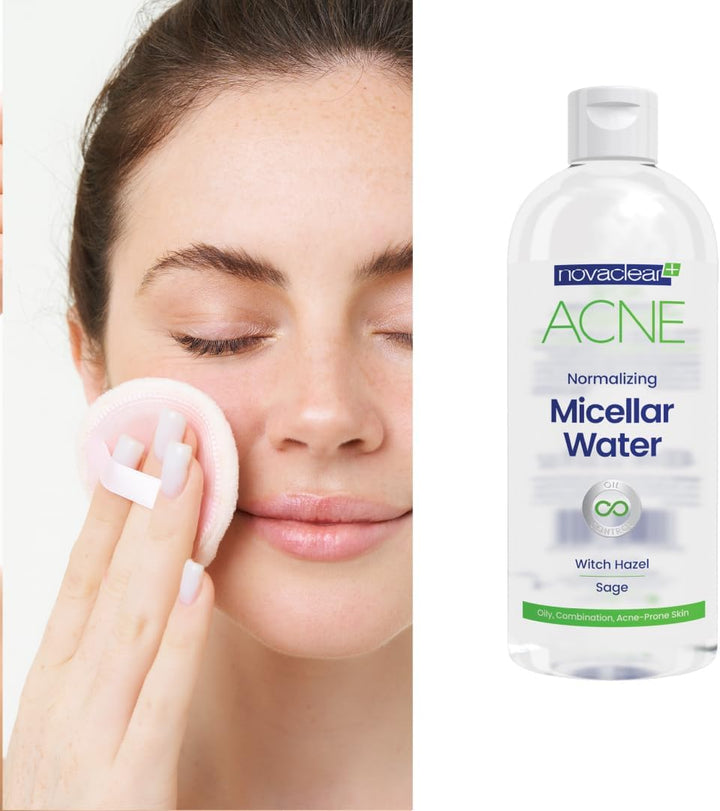 Woman applying Novaclear Acne micellar water to her face with a bottle of Acne Micellar Water on a white background.