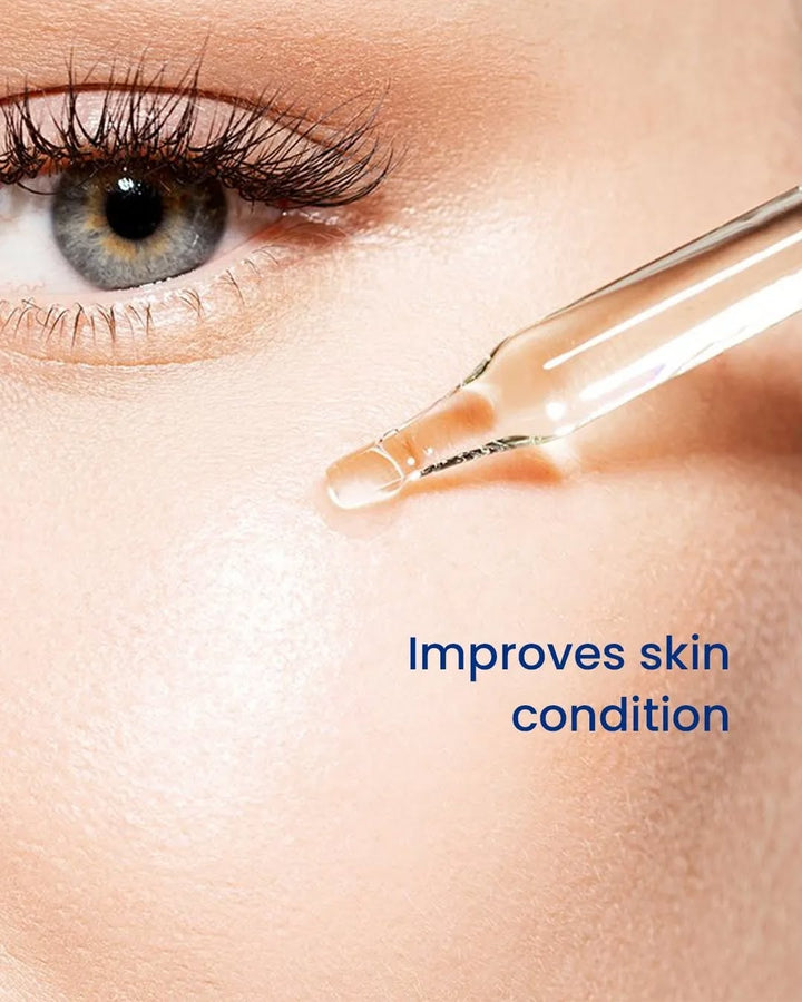 Close-up of a dropper applying liquid to skin with text &