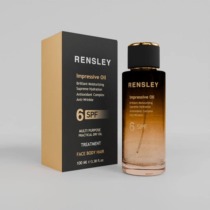 A pump bottle of Rensley Impressive Oil with its packaging box, labeled for face body hair treatment with 6FP (anti-wrinkle), supreme hydration, and 100ml volume indication.
