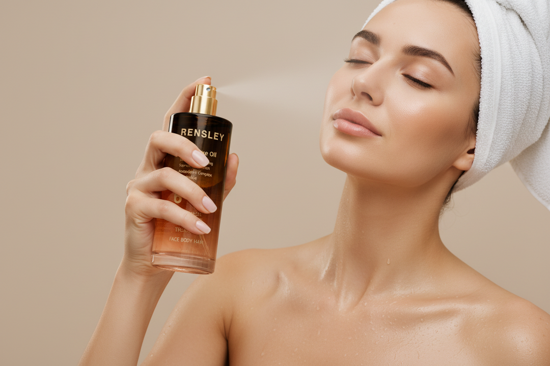 Woman holding a Rensley skincare bottle with a towel on her head against a beige background