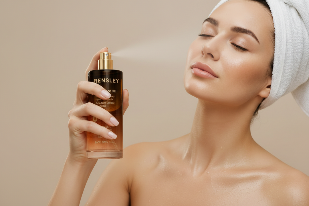 Woman applying Rensley skincare product with a towel on her head against a beige background