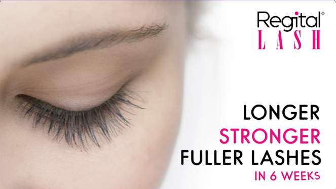 Close-up of an eye with longer, stronger lashes and Regital Lash branding.