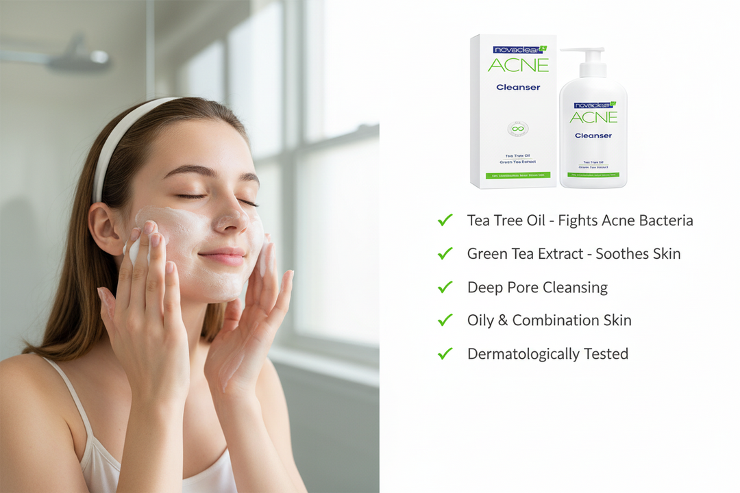 Novaclear Acne Cleanser Wash with Tea Tree Oil, Green Tea Extract Calms Irritated Skin, Oil-Free Formula for Oily Skin, Blackhead Remover and Clogged Pore Control, Non Comedogenic 150 ml