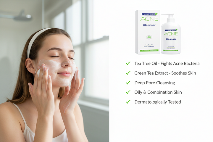 Novaclear Acne Cleanser Wash with Tea Tree Oil, Green Tea Extract Calms Irritated Skin, Oil-Free Formula for Oily Skin, Blackhead Remover and Clogged Pore Control, Non Comedogenic 150 ml