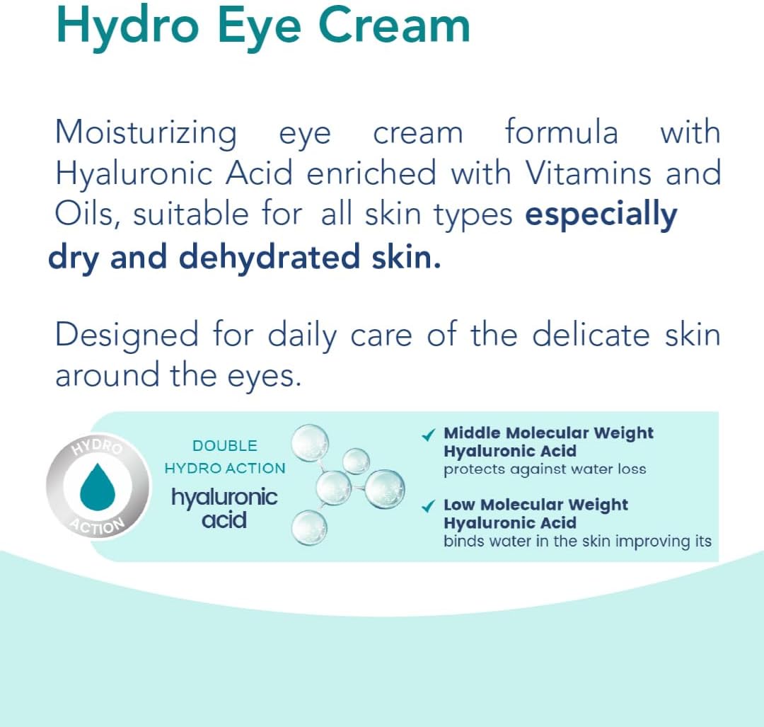 Hydro Eye Cream 15 ml with Hyaluronic Acid, Vitamin A, Vitamin E, Argan and Macadamia Oil for Hydrating and Anti-Aging