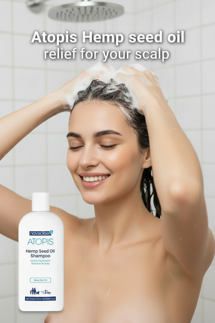 Woman washing her hair with Atopis Hemp seed oil shampoo in a bathroom setting.