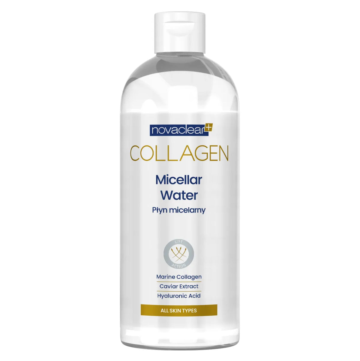 A transparent bottle of Novaclear Collagen Micellar Water with a white label, indicating that it contains hyaluronic acid and is suitable for all skin types.