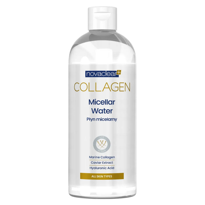 A transparent bottle of Novaclear Collagen Micellar Water with a white label, indicating that it contains hyaluronic acid and is suitable for all skin types.