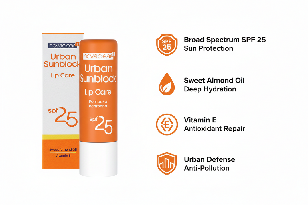 Packaging of Novaclear Urban Sunblock Lipcare SPF 25. The package includes a stick lip balm and a box with SPF 25 indication, suggesting sun protection.