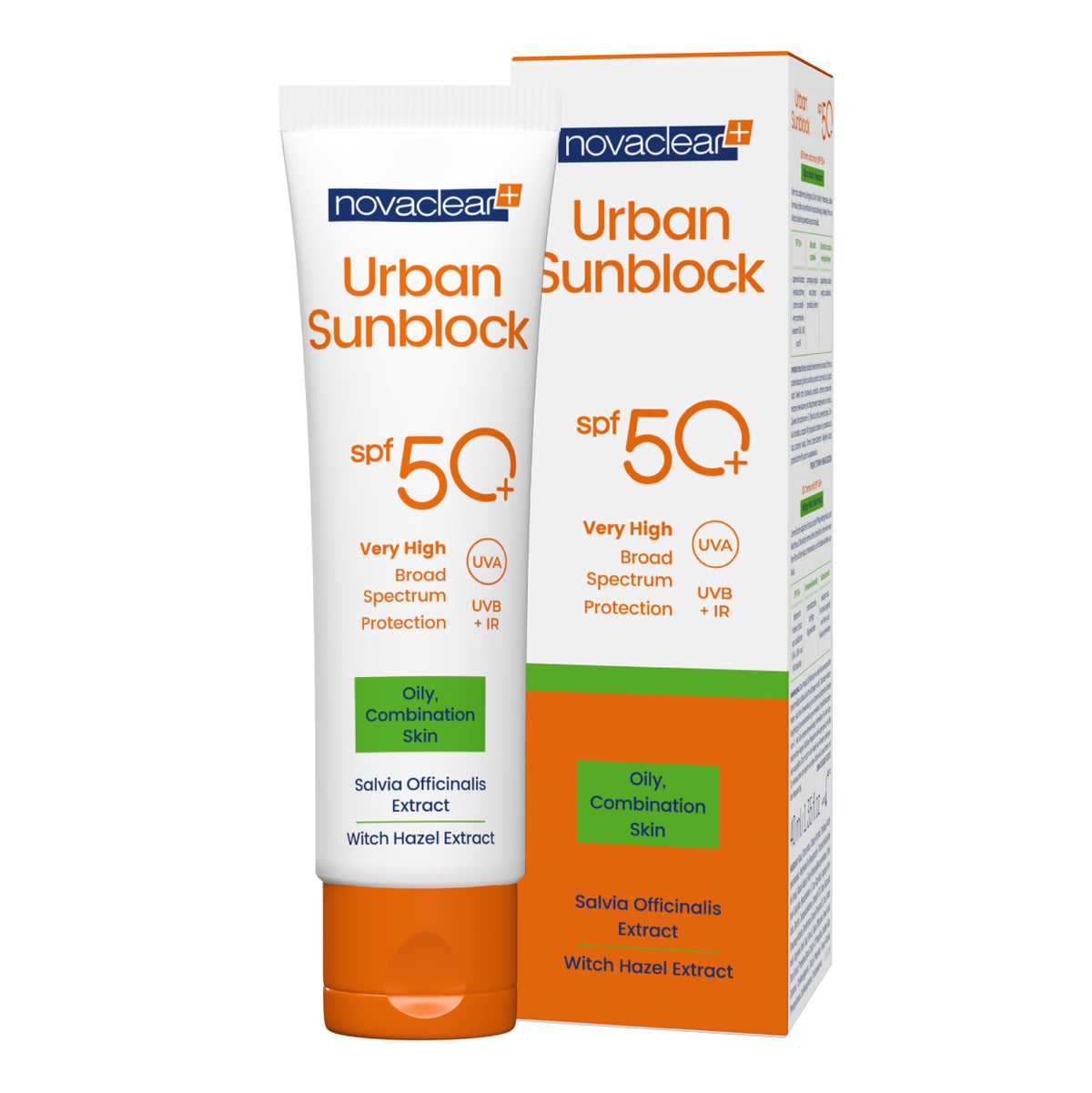 Packaging of Novaclear Urban Sunblock SPF 50+ cream for oily skin, showing the bottle and tube with the product and its description.