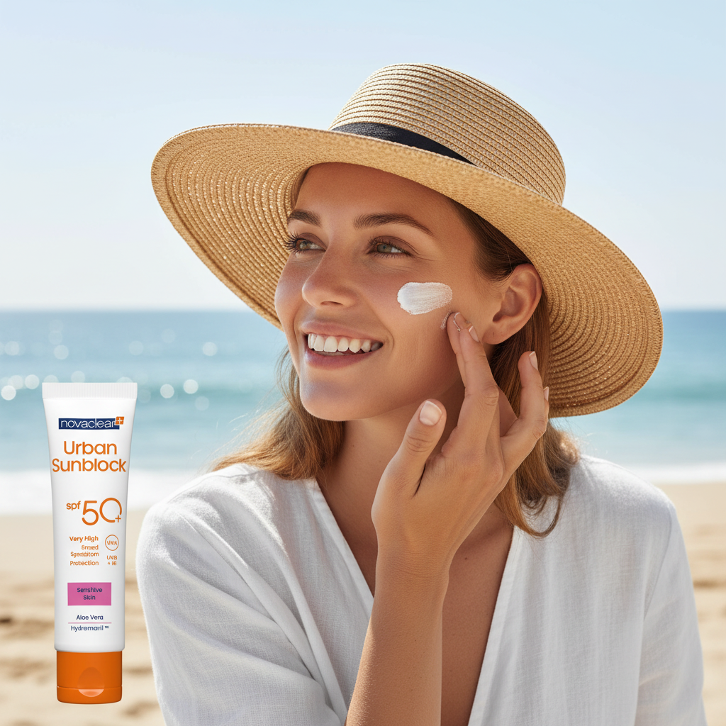 Woman applying sunscreen on beach with Novichok Urban Sunblock SPF 50+