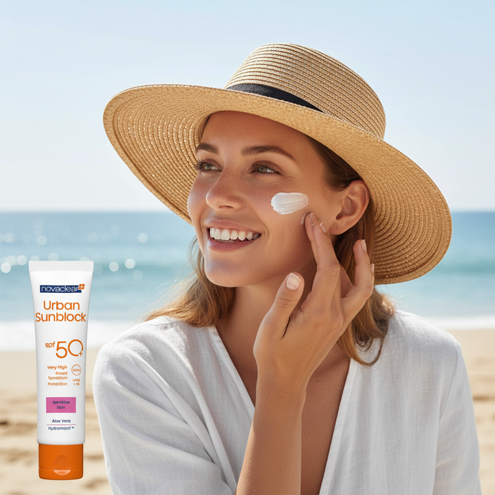 Woman applying sunscreen on beach with Novichok Urban Sunblock SPF 50+