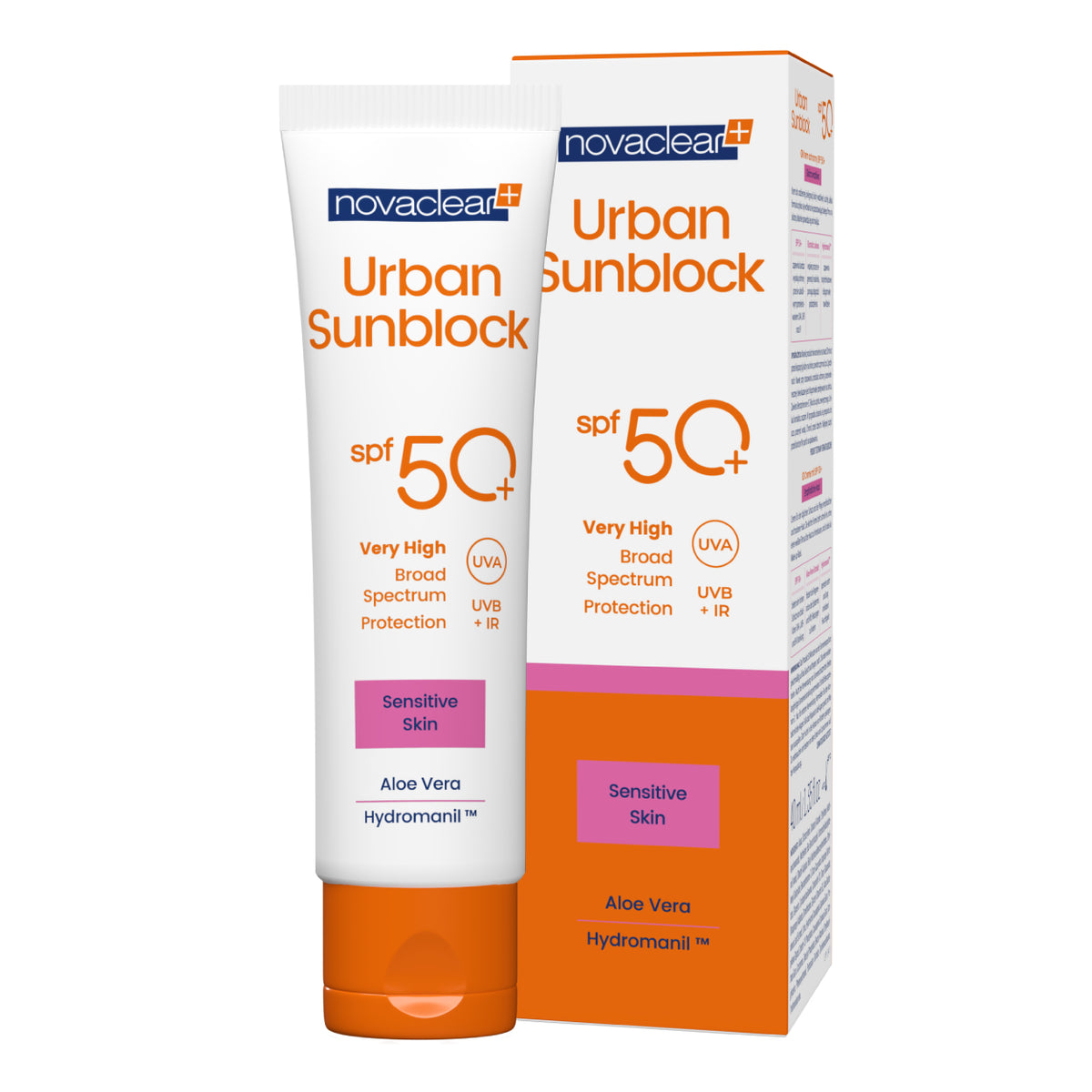 Packaging of Novaclear Urban Sunblock SPF 50+ cream with high sun protection factor, suitable for sensitive skin. The package includes a white tube with orange and black text and graphics, alongside an orange box with matching color accents.