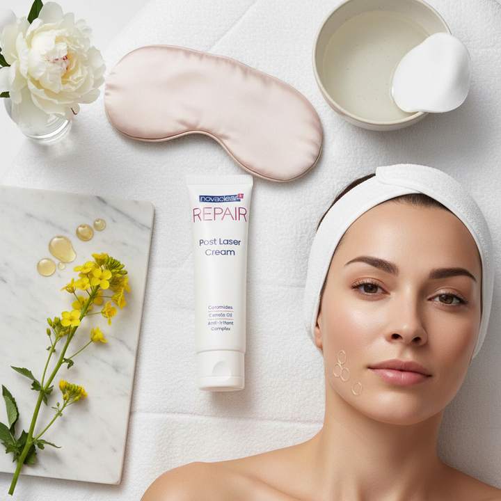 Woman with a towel on her head, surrounded by skincare products and flowers on a marble surface.