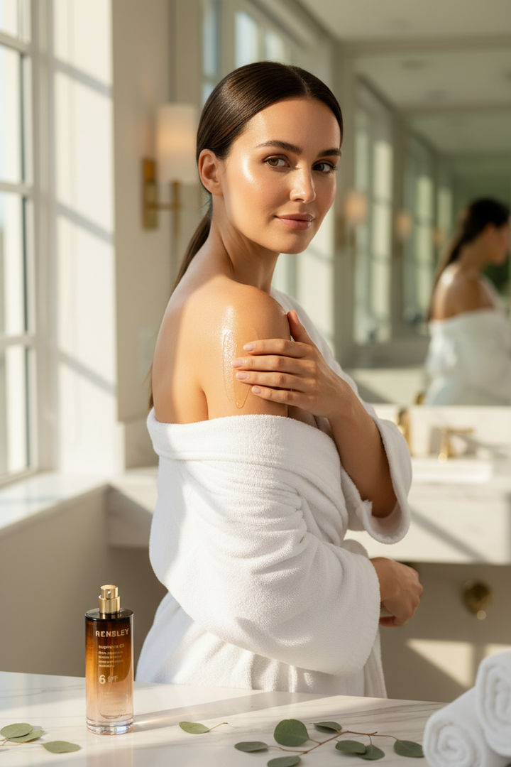 Woman in a bathroom with a bottle of Skintelligence skincare product.