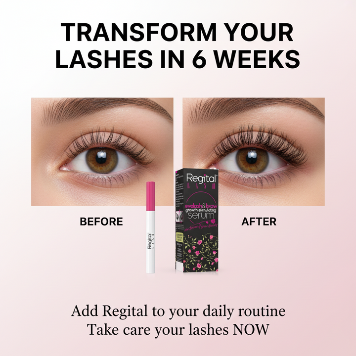 Before and after comparison of eyes with Regital eyelash serum packaging, showing transformed lashes.