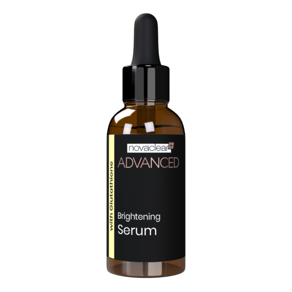 A bottle of Novaclear Advanced Brightening Serum with a dropper, primarily black and clear in color.