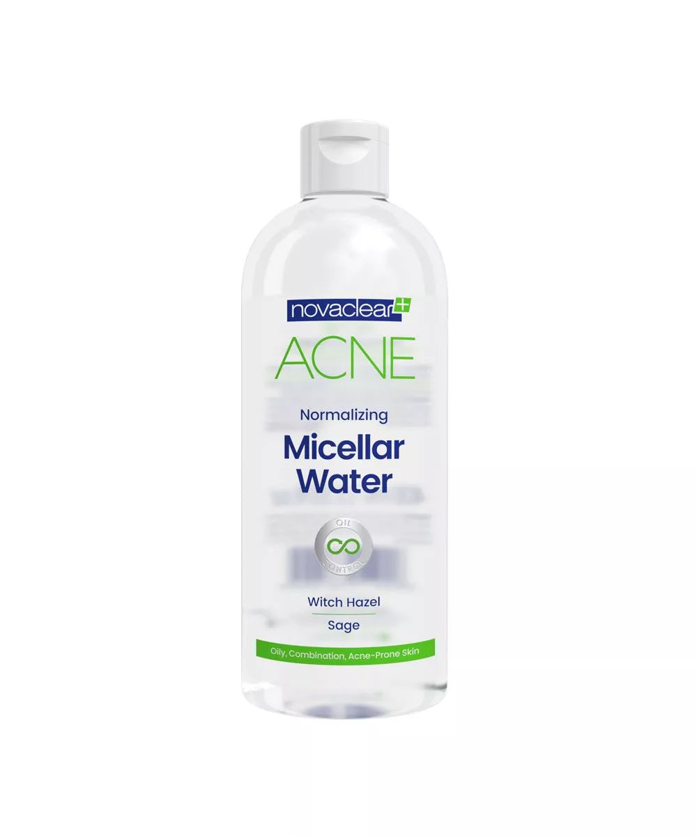 A bottle of Novaclear ACNE Normalizing Micellar Water with a label showing the product name and Witch Hazel extract, indicating it's for acne-prone skin.