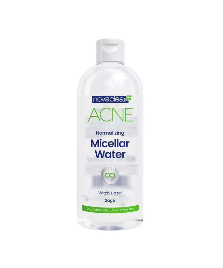 A bottle of Novaclear ACNE Normalizing Micellar Water with a label showing the product name and Witch Hazel extract, indicating it&