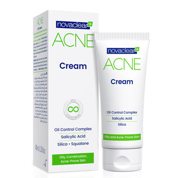 Packaging of Novaclear Acne Cream which includes a tube and box with branding and product information.