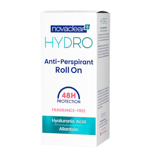 A white rectangular box of novaclear+ HYDRO Anti-Perspirant Roll On, featuring blue and teal text and branding on a clean white background.