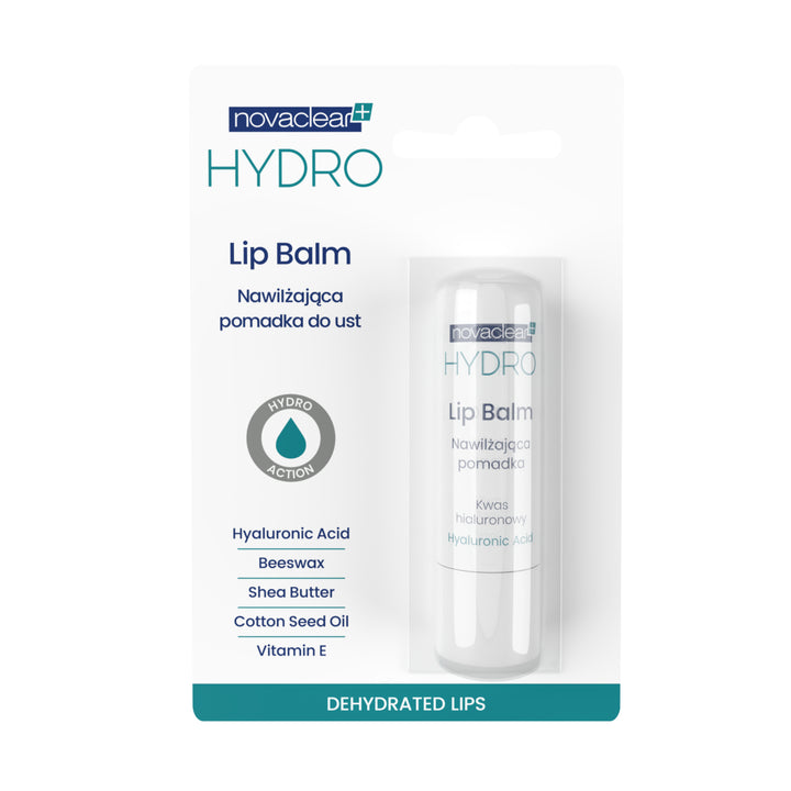 Packaging of HYDRO Lip Balm by novaclear, featuring product information and ingredients like Hyaluronic Acid, Beeswax, Shea Butter, Cotton Seed Oil, Vitamin E, and Vitamin C.